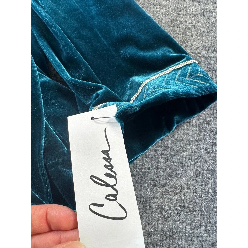 Calessa Teal Velvet Embroidered Duster Cardigan Women Open Front Long Sleeve NEW
